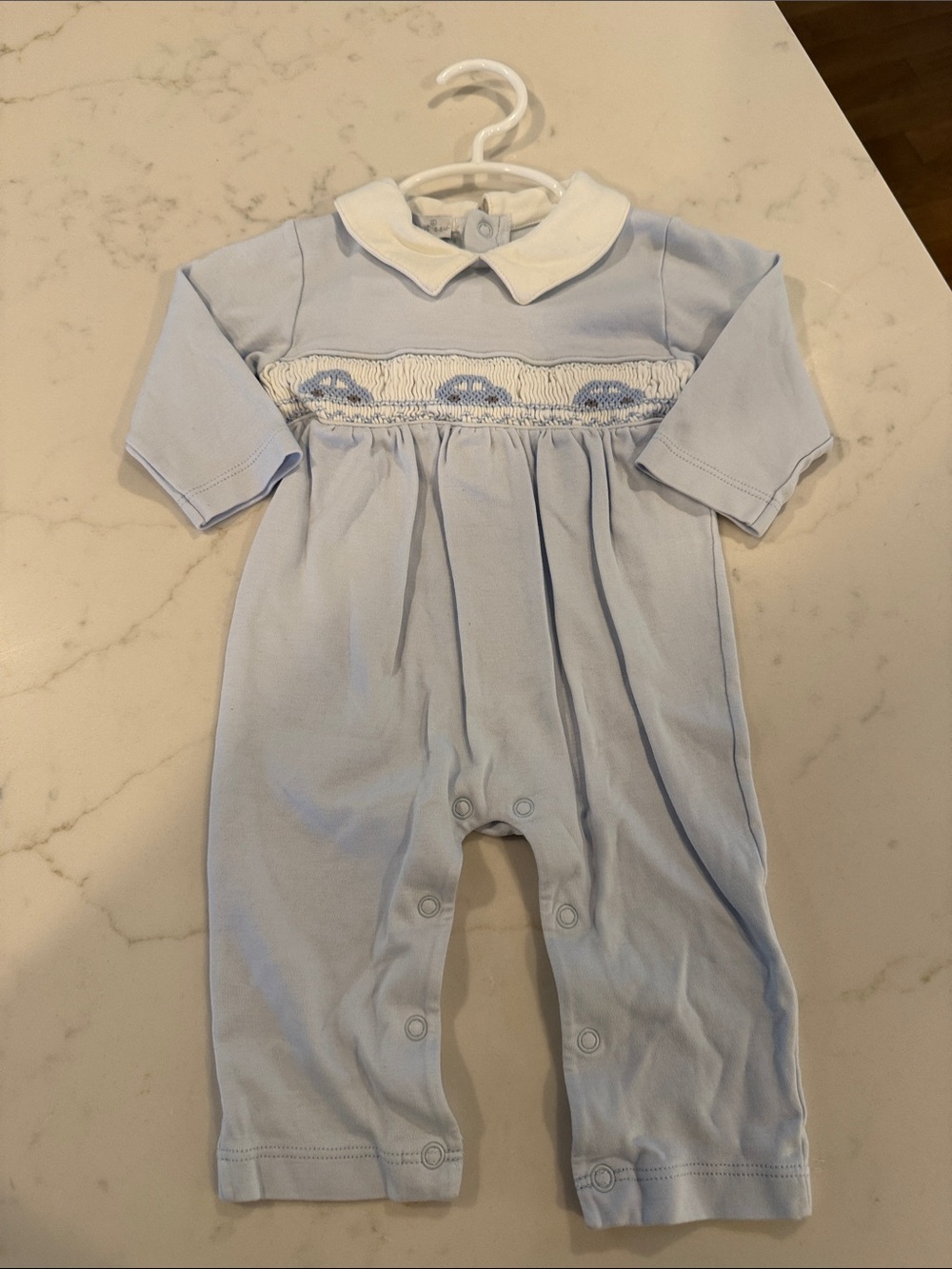 Baby Smocked Light Blue Footie with Peter Pan Collar